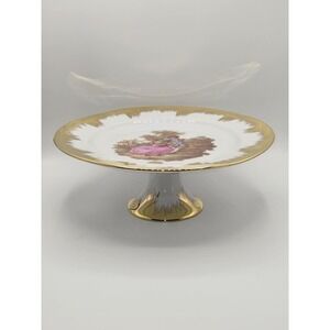 Limoges Porcelain Pedestal Cake Stand 12" Gold Gilt Fragonard Courting Scene